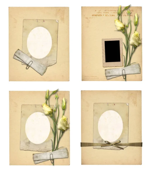 古いアーカイブ論文と花束とヴィンテージのポストカードのセット — ストック写真
