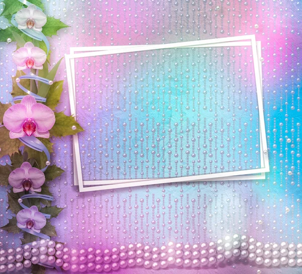 Kartkę z życzeniami z oddziału piękny storczyk i perły na ślubne — Zdjęcie stockowe