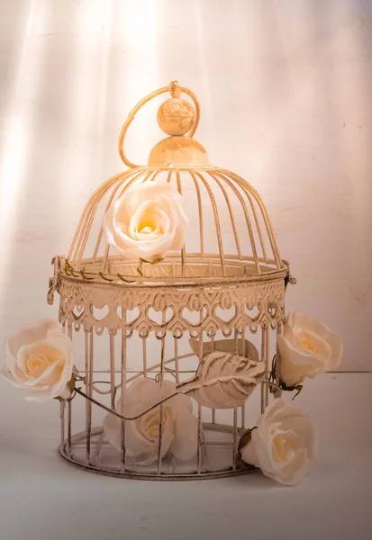 Decorative roses in vintage metal cage — Stock Photo, Image