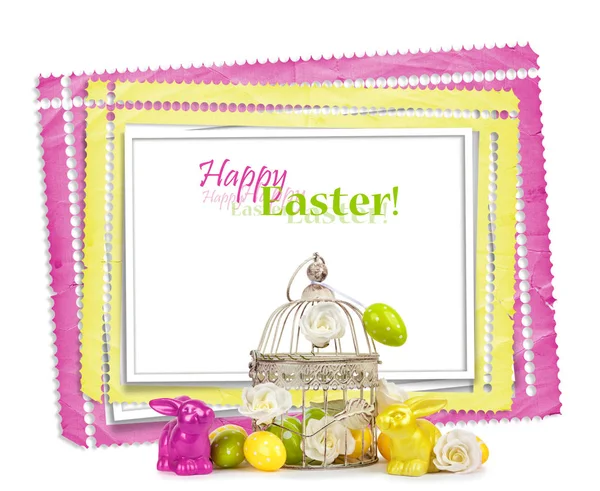 Easter eggs and funny bunny isolated on  background — Stock Photo, Image