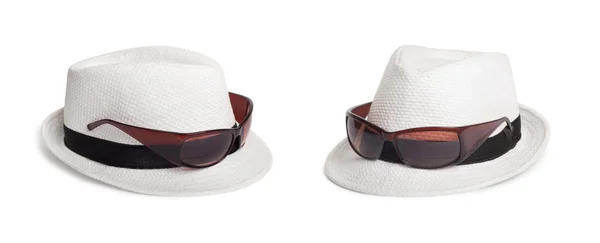 Napszemüveg és egy fehér nyári kalap, egy elszigetelt háttér — Stock Fotó