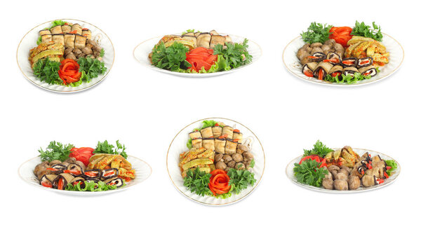 Vegetable marrows, eggplants, mushrooms with tomatoes 