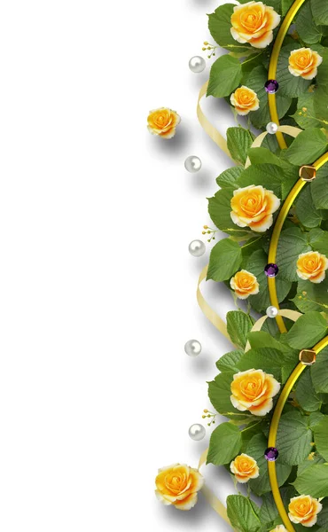美丽的玫瑰、 叶子、 丝带和珍珠框架 — 图库照片