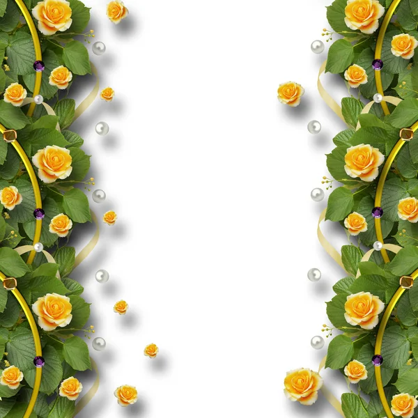 장미, 잎, 리본, 진주의 아름 다운 프레임 — 스톡 사진