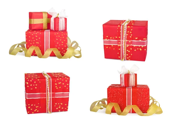 Conjunto de cajas de regalo navideñas decoradas con arcos y cintas — Foto de Stock