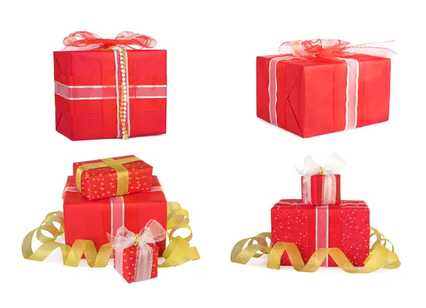 Holiday set gift boxes decorated with bows and ribbons — Stock Photo, Image