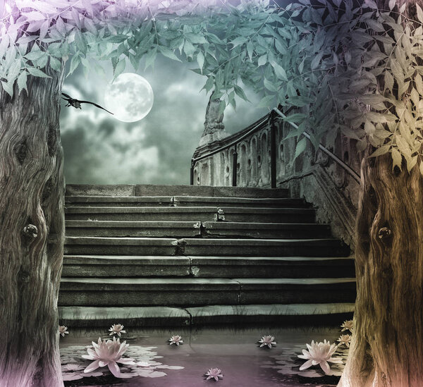 Old stone staircase in celebration of Halloween on background of moonlit night