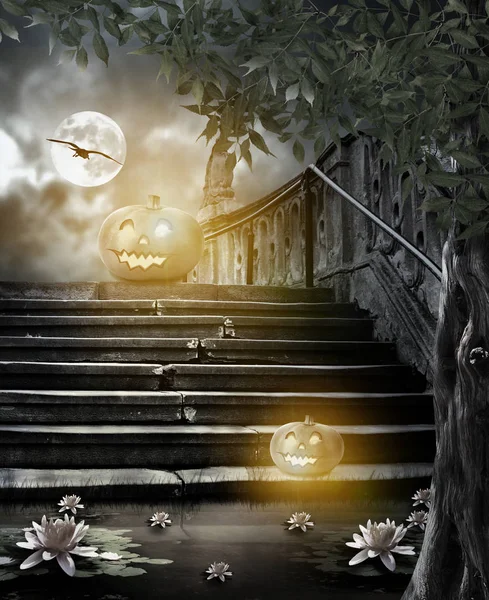 Halloween pumpkins in yard of of old stone staircase night in br — Stock Photo, Image