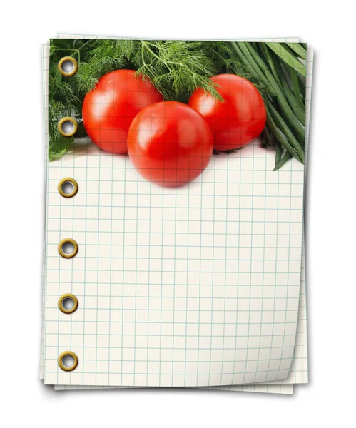 Antiguo libro de recetas en blanco con foto de tomate —  Fotos de Stock
