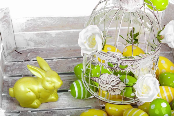 Easter eggs and funny bunny  on white background — Stock Photo, Image