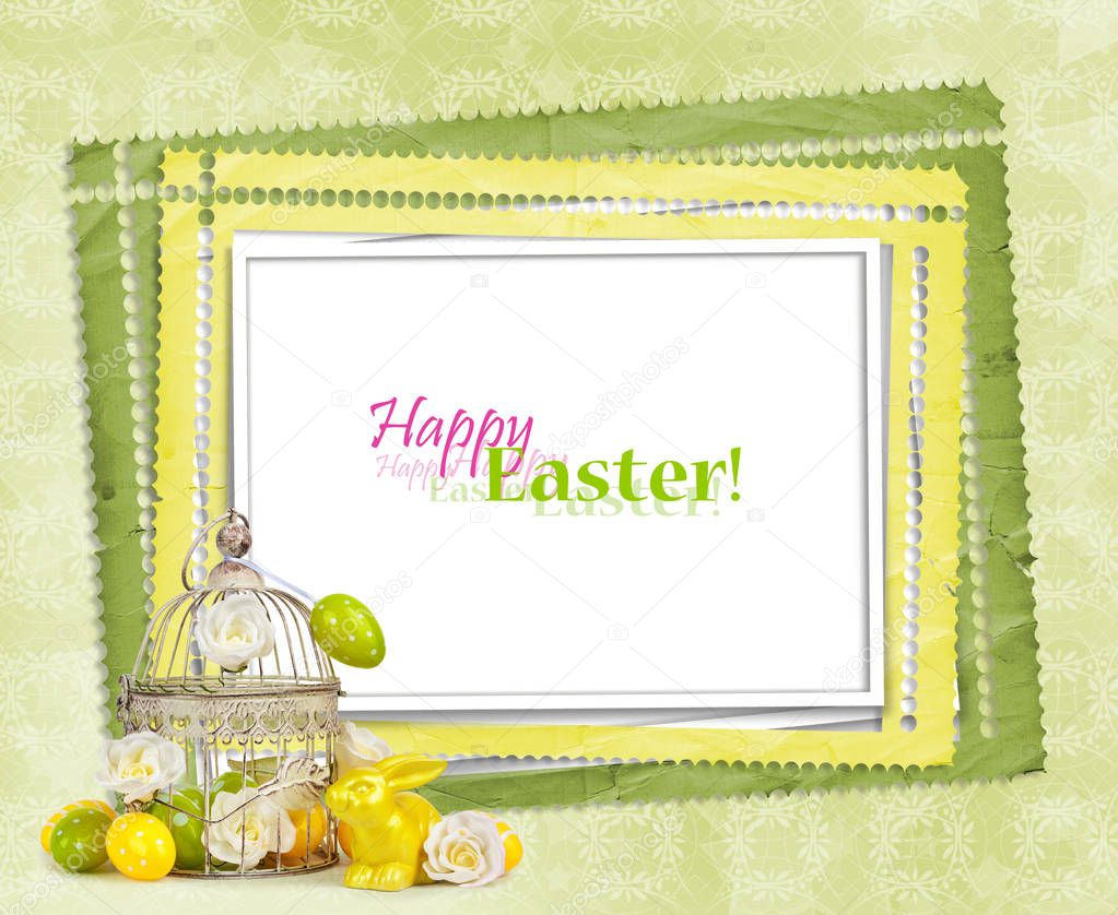 Easter eggs and funny bunny  on green background