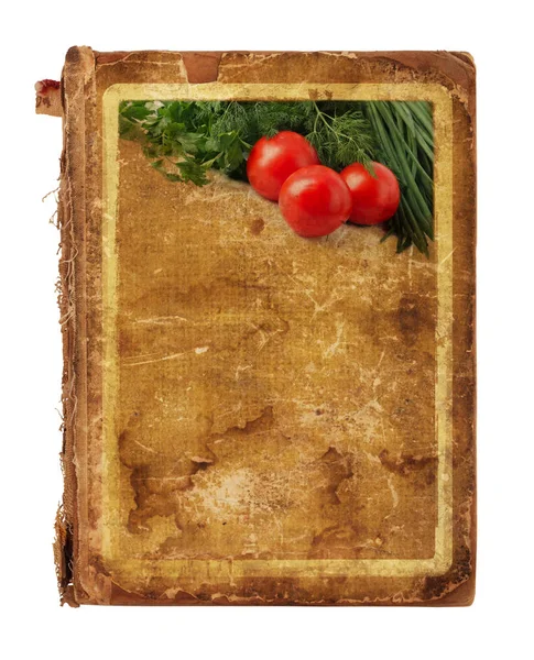 Старая пустая книга рецептов с фотографией помидоров — стоковое фото