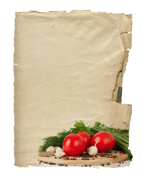 Altes leeres Rezeptbuch mit Foto von Tomaten — Stockfoto