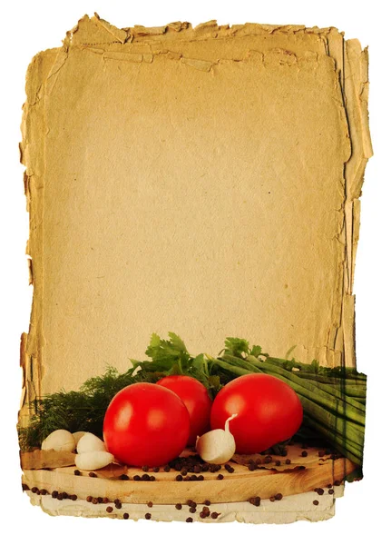 Livro de receitas em branco velho com foto de tomate — Fotografia de Stock