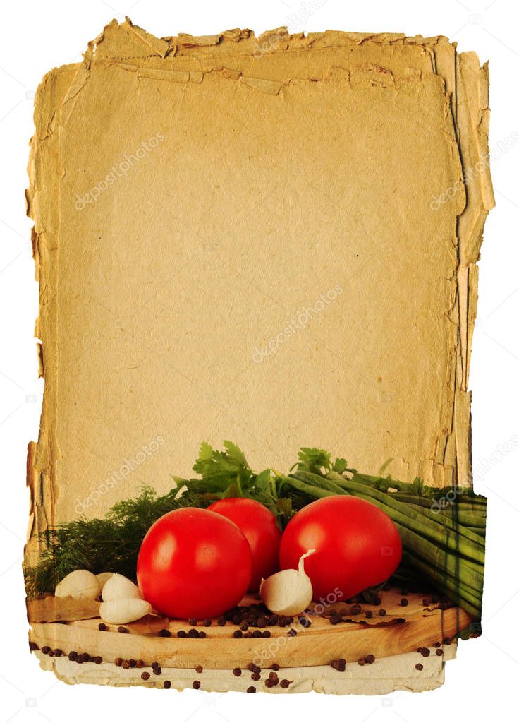 Old blank recipe book  with photo of tomato 