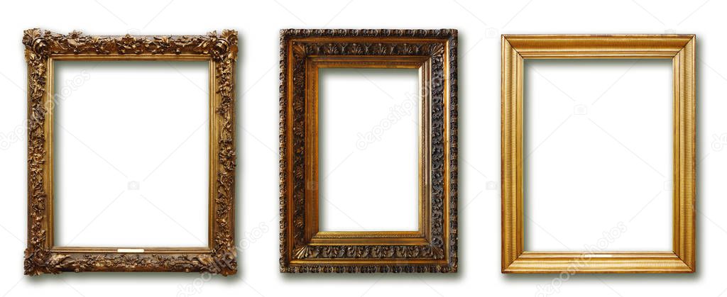 Set of three vintage golden baroque wooden frames on isolated background