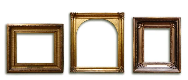 Set van drie vintage gouden barok houten frames op geïsoleerde achtergrond — Stockfoto