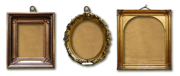 Set of three vintage golden baroque wooden frames on  isolated background — Stock Photo, Image