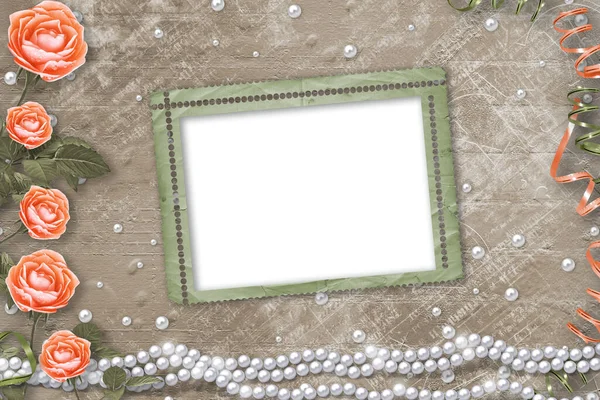 节日贺卡 内附珍珠 镜框和一束美丽的桃花 背景为褐色的纸 以祝贺或邀请 — 图库照片