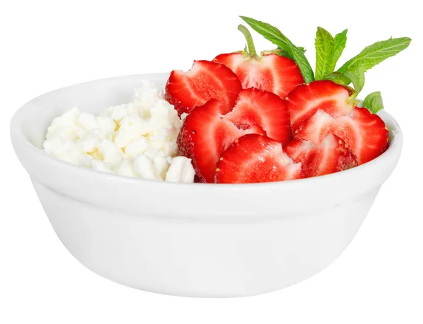 White Bowl Fresh Red Ripe Strawberries Natural Cottage Cheese Isolated — Stock Photo, Image