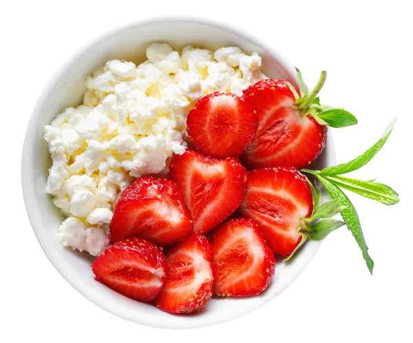 White Bowl Fresh Red Ripe Strawberries Natural Cottage Cheese Isolated — Stock Photo, Image