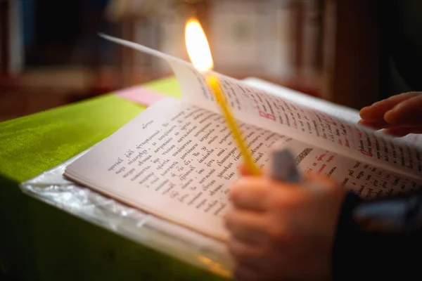 Praying Hand Open Bible Slavic Table Candle Light Trust Concept — Stock Photo, Image