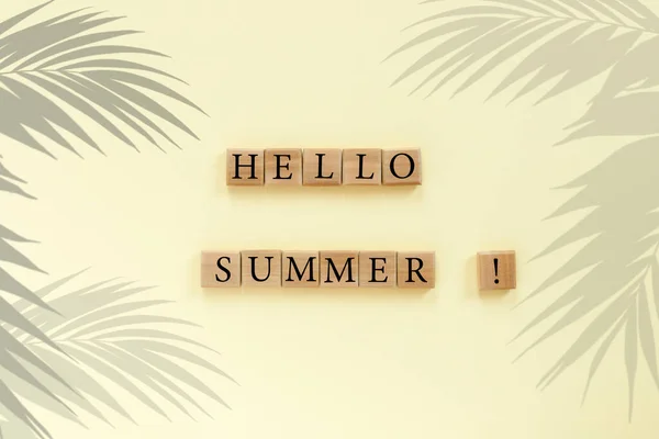 Cubes Bois Avec Texte Hello Summer Avec Feuilles Palmier Sur — Photo