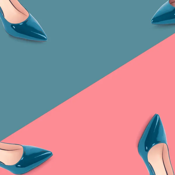 Collage Creativo Zapatos Azules Moda Las Mujeres Fondo Coral Papel — Foto de Stock