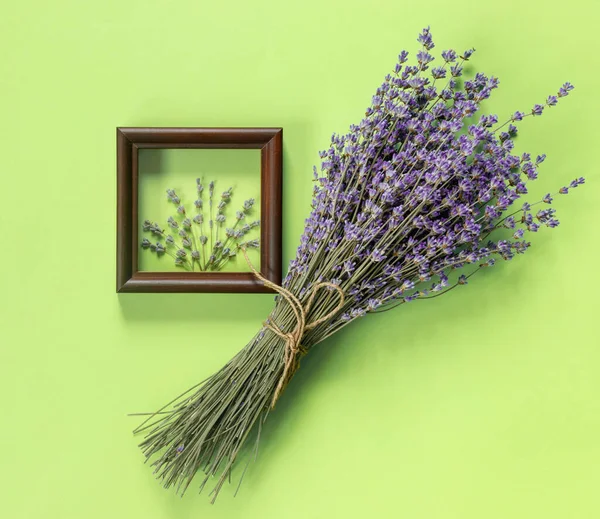 Houten Frames Met Prachtig Boeket Van Geurige Lavendel Rustieke Stijl — Stockfoto