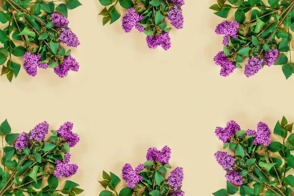 ベージュの紙の背景にモダンなスタイルで紫色のライラック ポスターデザイン 創造的なレイアウト — ストック写真