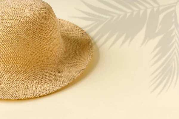 Piękny Słomkowy Kapelusz Palmą Wybrzeżu Oceanu Naturalne Letnie Tło — Zdjęcie stockowe