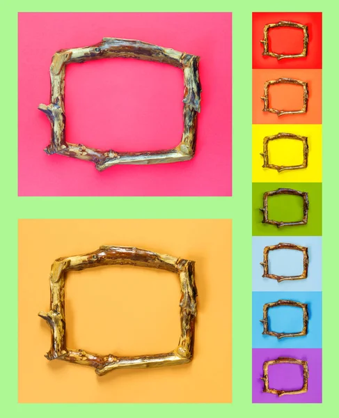 Multicolored Wooden Frames Rustic Style Bright Green Wall — Stock Photo, Image