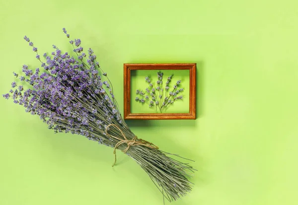 Houten Frames Met Prachtig Boeket Van Geurige Lavendel Rustieke Stijl — Stockfoto