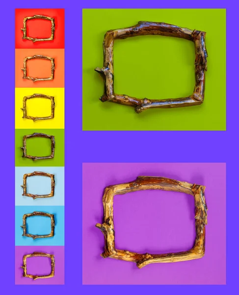 Multicolored Wooden Frames Rustic Style Bright Purple Wall — Stock Photo, Image