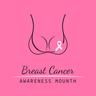 Meme kanseri Ekim. Kadın sutyen. Bilgilendirme kampanyası. Kadın vücut siluet ve metin pembe bir arka plan üzerinde şerit öğesi ile