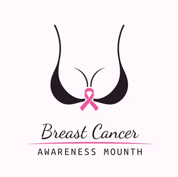 Breast Cancer October. Female bra. Information campaign. Woman body silhouette and text with pink ribbon element on a white background — Stock Vector