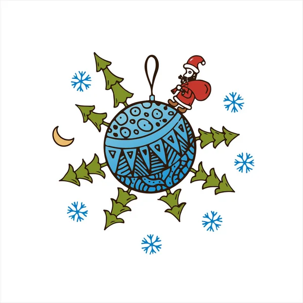 Bola azul con árboles de Navidad, Papá Noel, copos de nieve y regalos — Archivo Imágenes Vectoriales
