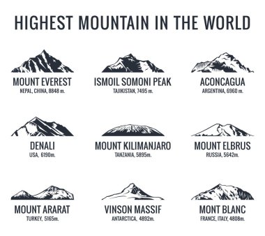 Mountain tourist vector logos set. Posters adventures outdoors. Icons of the world highest mountains clipart