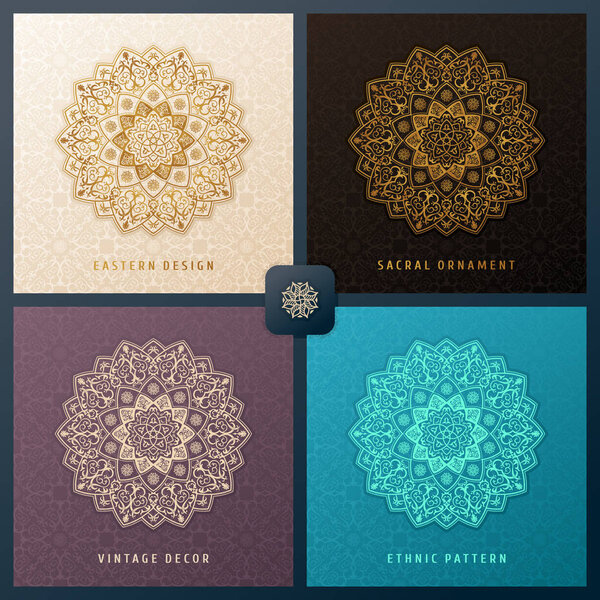 Ethnic vector invitation set with mandala design element. Square label template. Luxury floral weave pattern