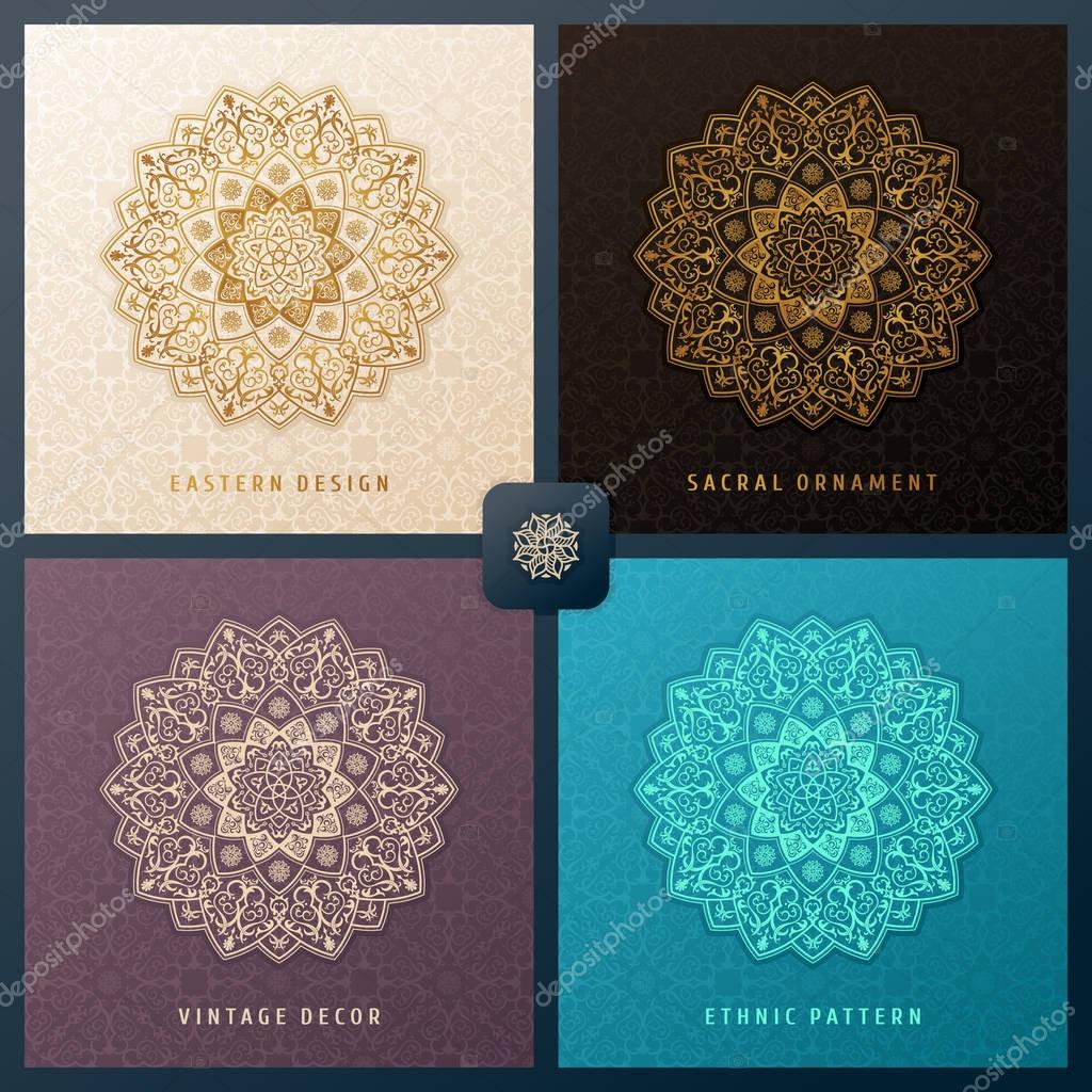 Ethnic vector pattern mandala set design for invitations, cards, labels. Round logo and label template. Luxury floral woven pattern. Oriental ornament in boho style. Islamic background