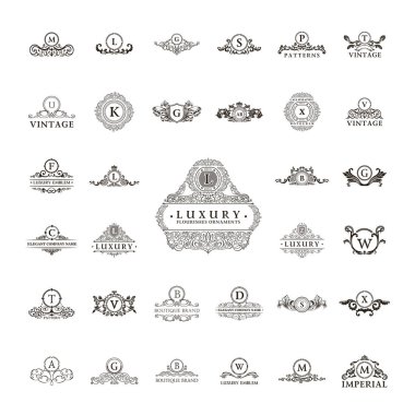 Lüks vintage logo ayarlayın. Kaligrafi amblem ve öğeleri