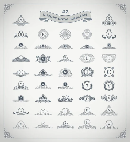 Set logo reale di lusso. Stemma, emblema, monogramma araldico. Vintage fiorisce elementi — Vettoriale Stock
