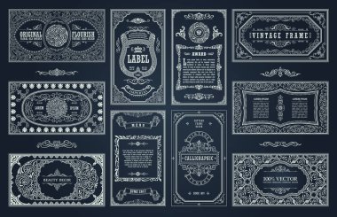 Eski tip retro kartlar. Şablon tebrik kartı davetiyesi. Çizgi kaligrafik çerçeveleri