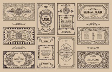 Eski tip retro kartlar. Şablon tebrik kartı davetiyesi. Çizgi kaligrafik çerçeveleri