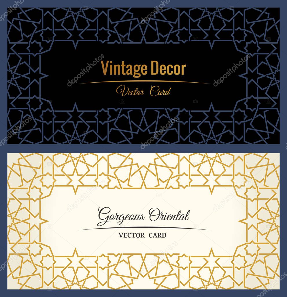 Eastern gold arabic vector lines design templates. Muslim floral frame for card and postcard