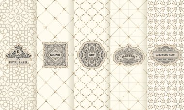 Ürün için tasarım ögeleri, simge, logo, çerçeve, lüks paketleme vektör kümesi