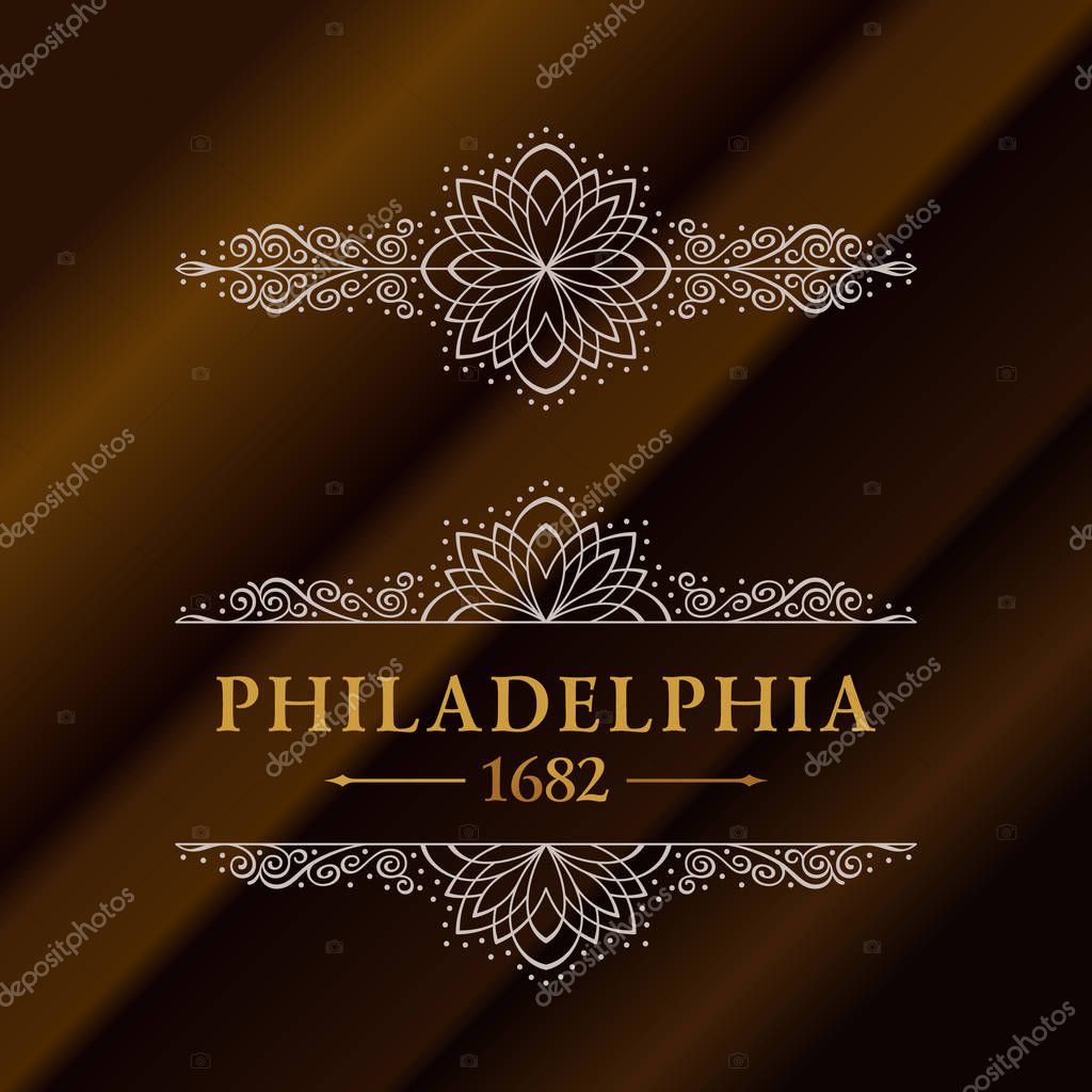 Vintage gold hipster label with lettering Philadelphia. Logo template for your sign, poster, clothing, badge. Vector calligraphic retro emblem