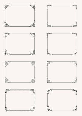 Klasik kaligrafik çerçeve seti. Davetiye, diploma, sertifika, kartpostalın siyah beyaz vektör sınırı