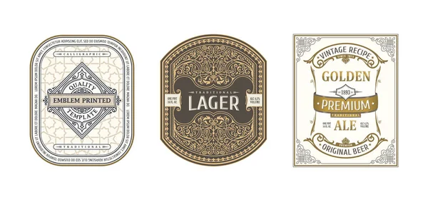 Set de marcos Vintage para etiquetas. Pegatinas de oro botella de cerveza — Archivo Imágenes Vectoriales