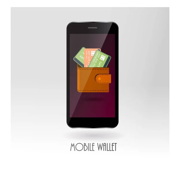 Portefeuille d'argent avec symboles de carte de crédit sur gadget mobile — Image vectorielle